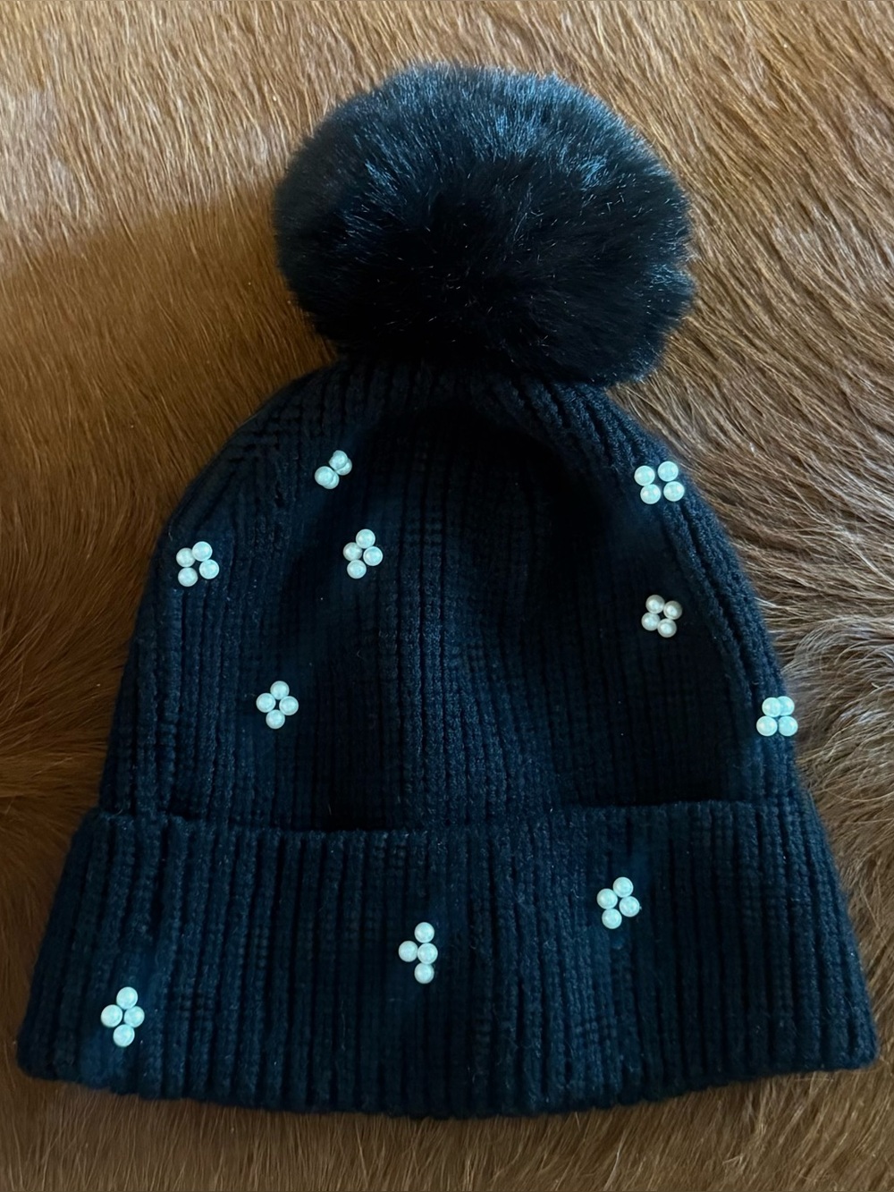 Vince Camuto Black Knit Embellished Pom Beanie